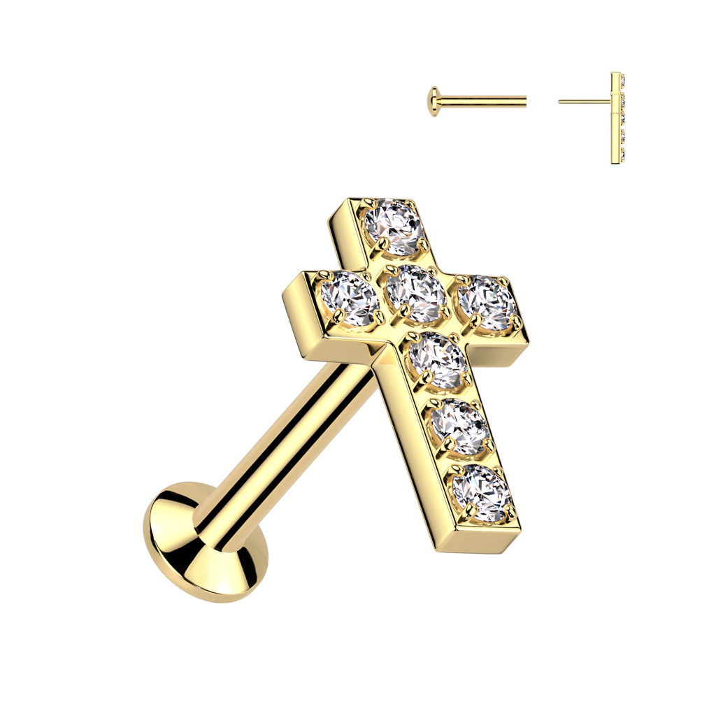 All 316L Surgical Steel Threadless Push In Labret With Convex Back and 7 CNC Set CZ Cross Top - Gold/Clear