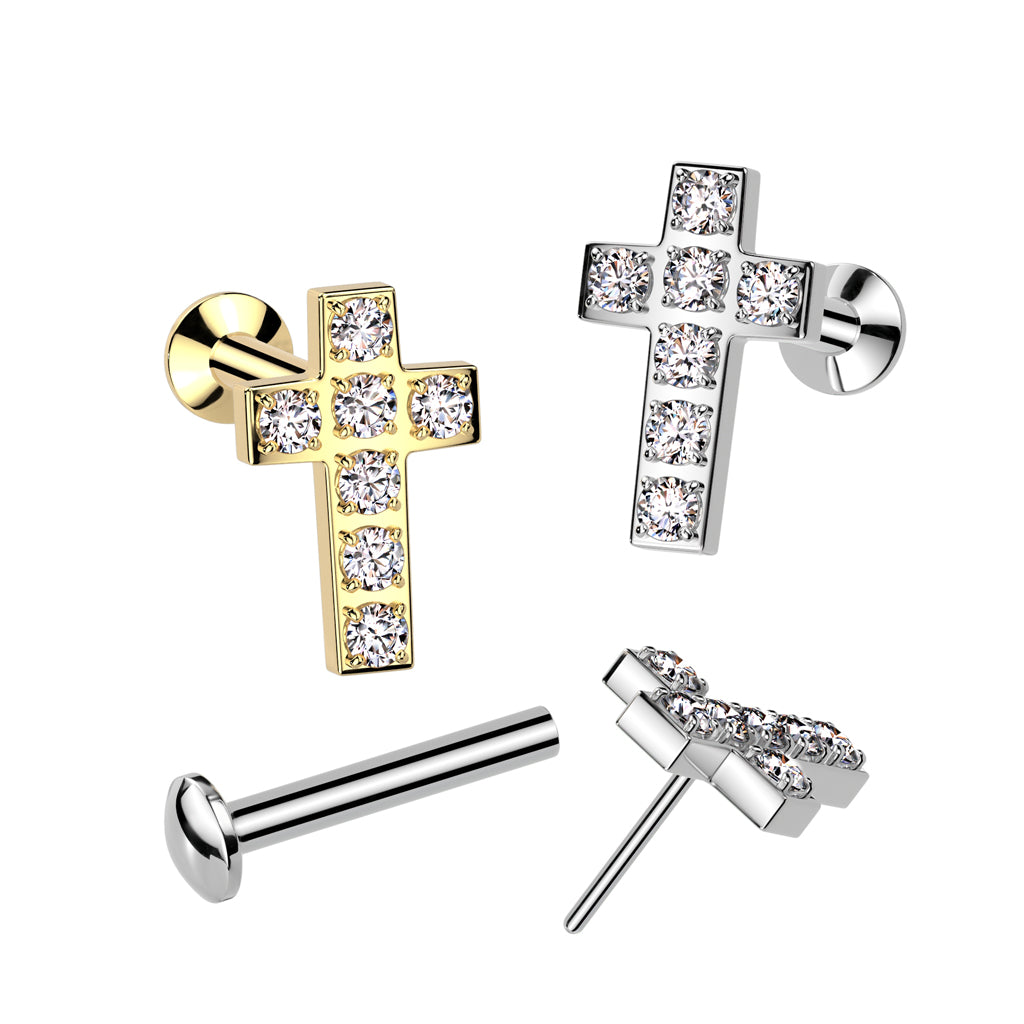 All 316L Surgical Steel Threadless Push In Labret With Convex Back and 7 CNC Set CZ Cross Top - all colors