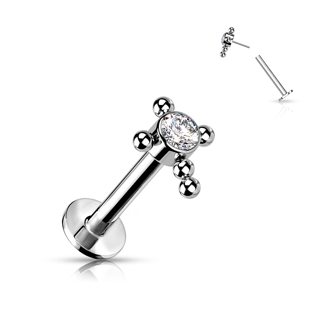 Implant Grade Titanium Threadless Push In Labret With Bezel Set CZ or Opal Center Beaded Ball Cross Top - Clear