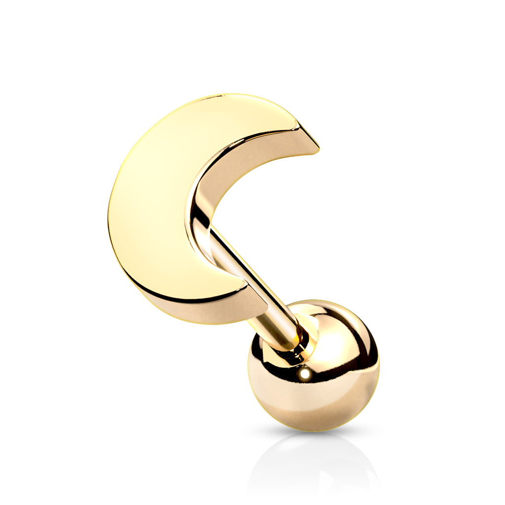 Flat Crescent Moon Top 316L Surgical Steel Cartilage, Tragus Barbell Studs - Gold