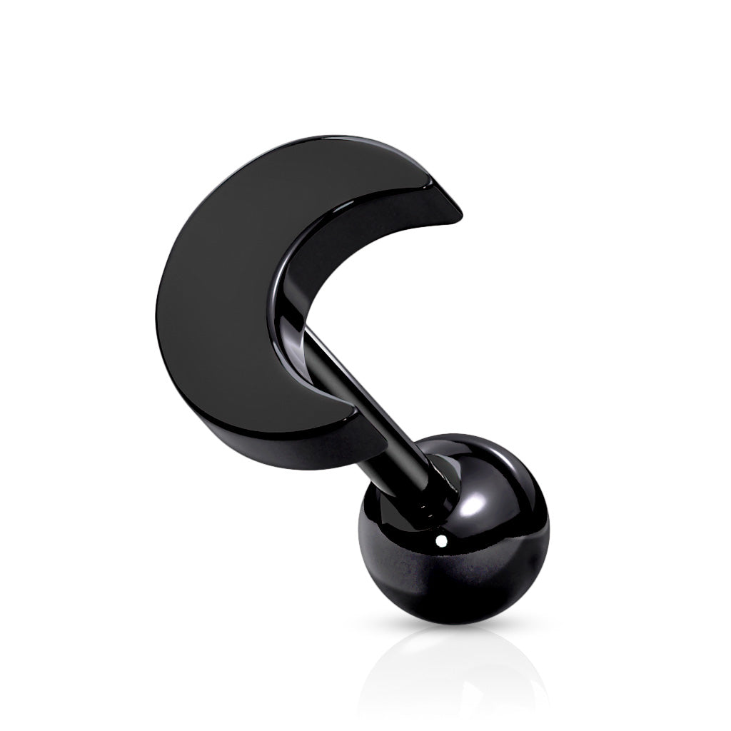 Flat Crescent Moon Top 316L Surgical Steel Cartilage, Tragus Barbell Studs - Black