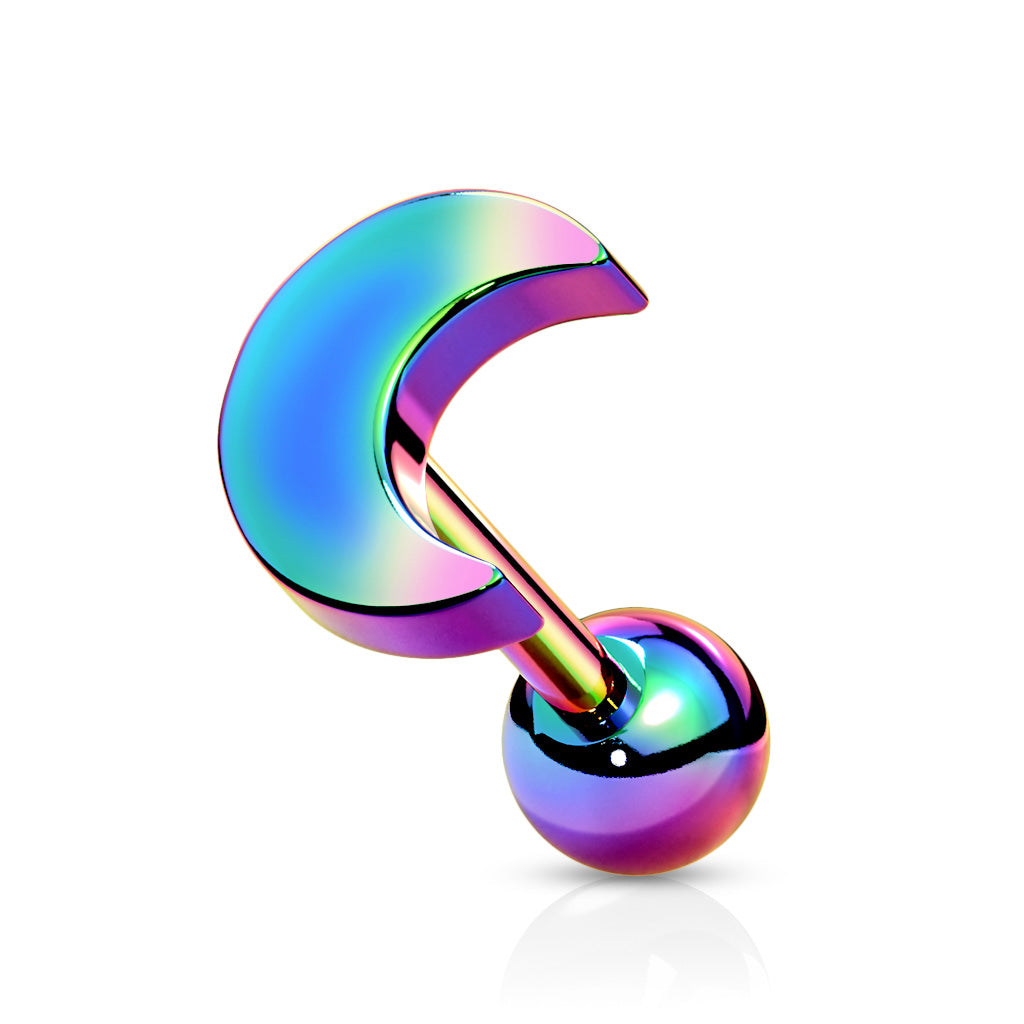Flat Crescent Moon Top 316L Surgical Steel Cartilage, Tragus Barbell Studs - Rainbow