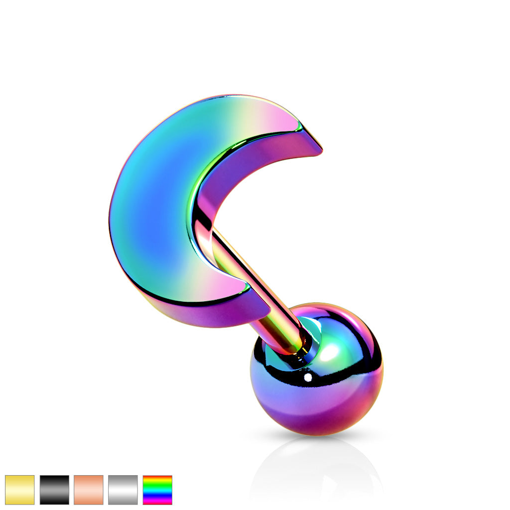 Flat Crescent Moon Top 316L Surgical Steel Cartilage, Tragus Barbell Studs - all colors