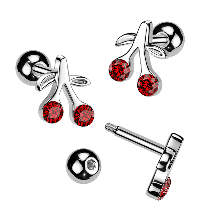Cherry With Red CZ 316L Surgical Steel Cartilage Tragus Stud