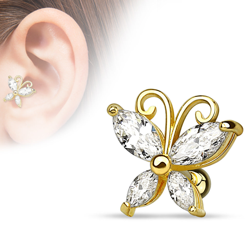 Marquise Cut CZ Butterfly 14Kt. Gold Plated over 316L Surgical Steel Cartilage/Tragus Bar - Gold/Clear