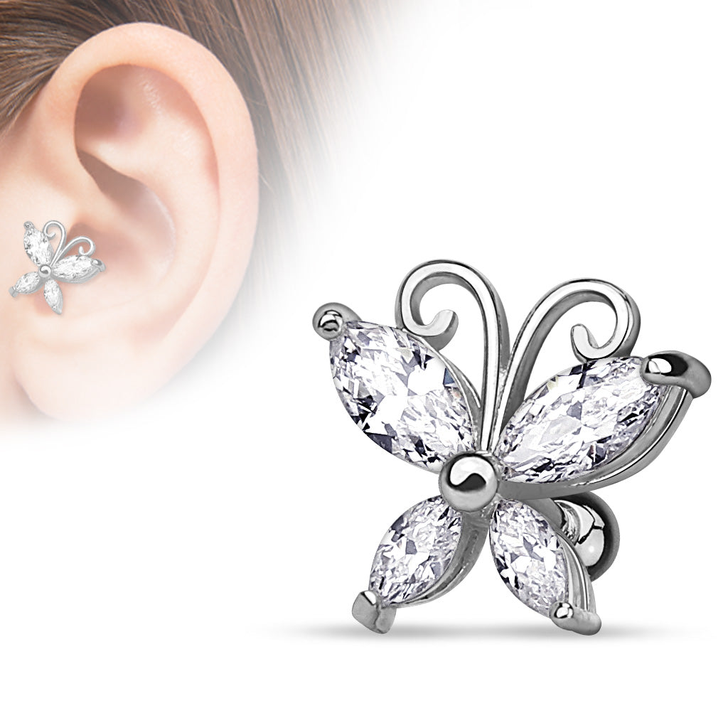 Marquise Cut CZ Butterfly 14Kt. Gold Plated over 316L Surgical Steel Cartilage/Tragus Bar - Steel/Clear