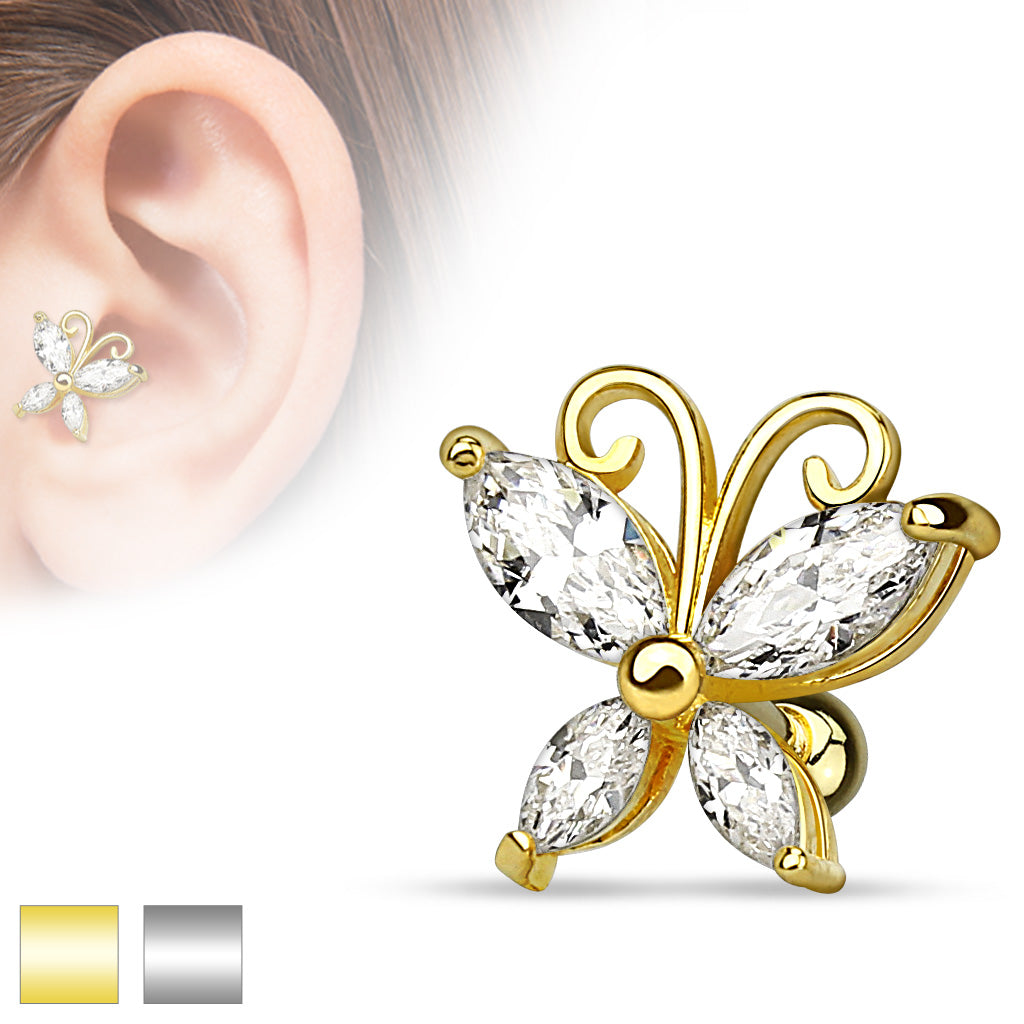 Marquise Cut CZ Butterfly 14Kt. Gold Plated over 316L Surgical Steel Cartilage/Tragus Bar - all colors