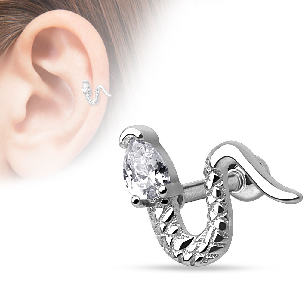Snake with Triangle CZ Head 316L Surgical Steel Cartilage/Tragus Barbell - Clear