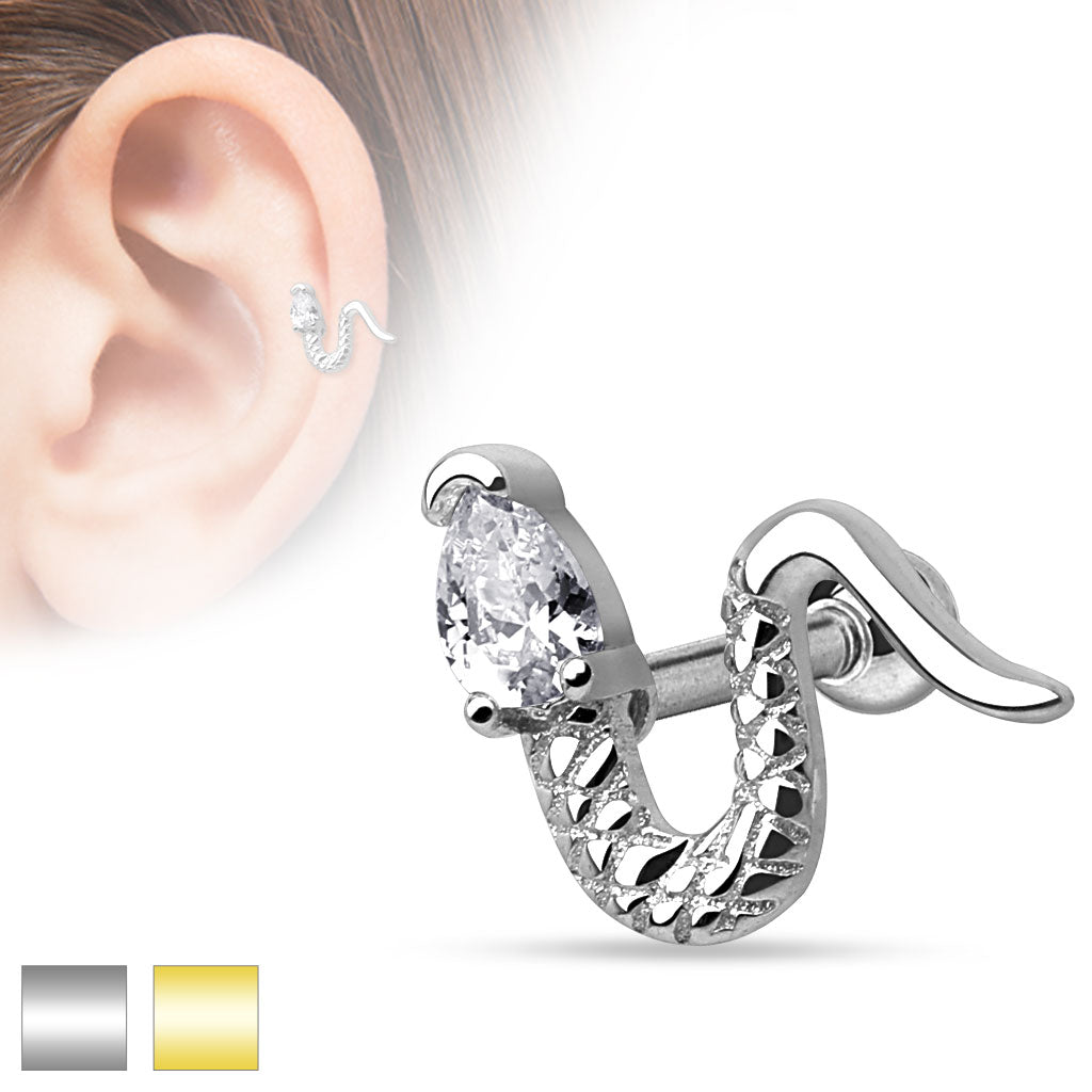 Snake with Triangle CZ Head 316L Surgical Steel Cartilage/Tragus Barbell - all colors