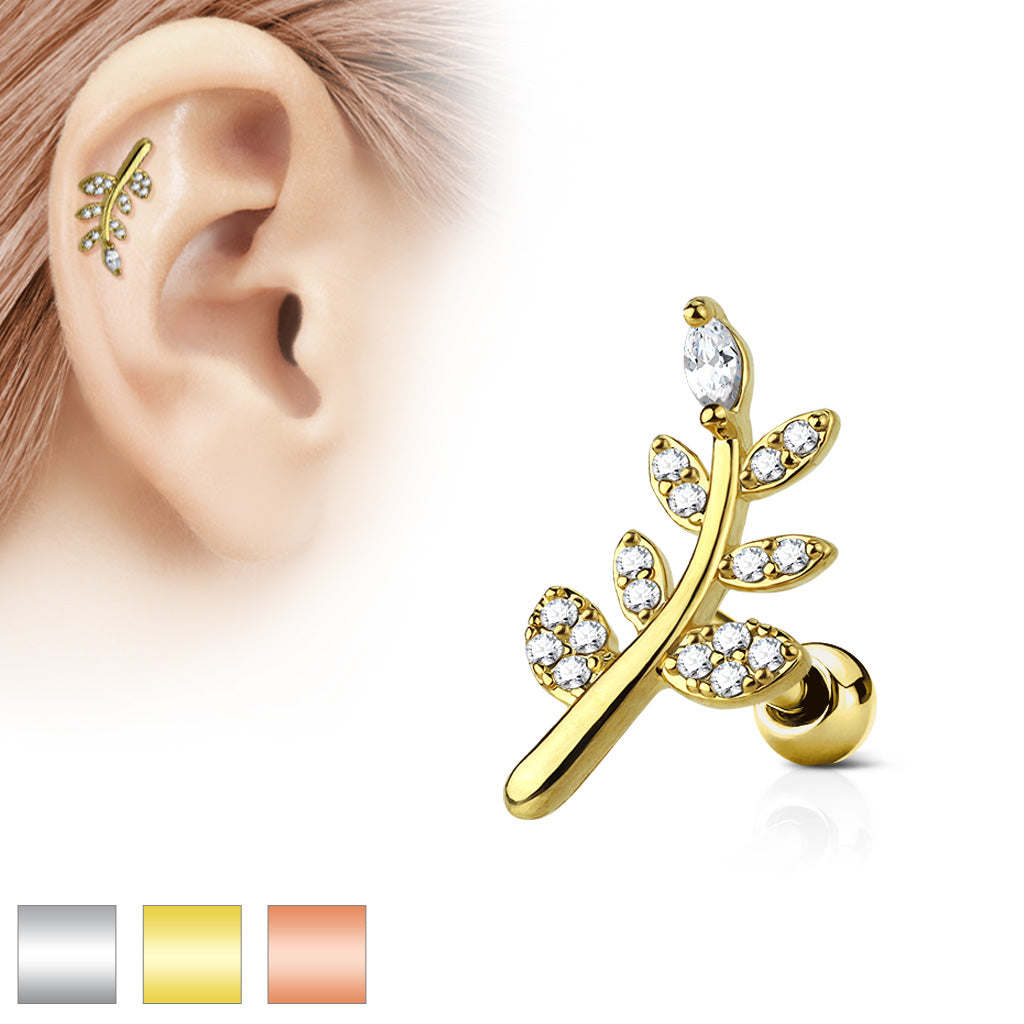 CZ Micro Paved Leaf Top 316L Surgical Steel Cartilage, Tragus Barbell Studs - all colors