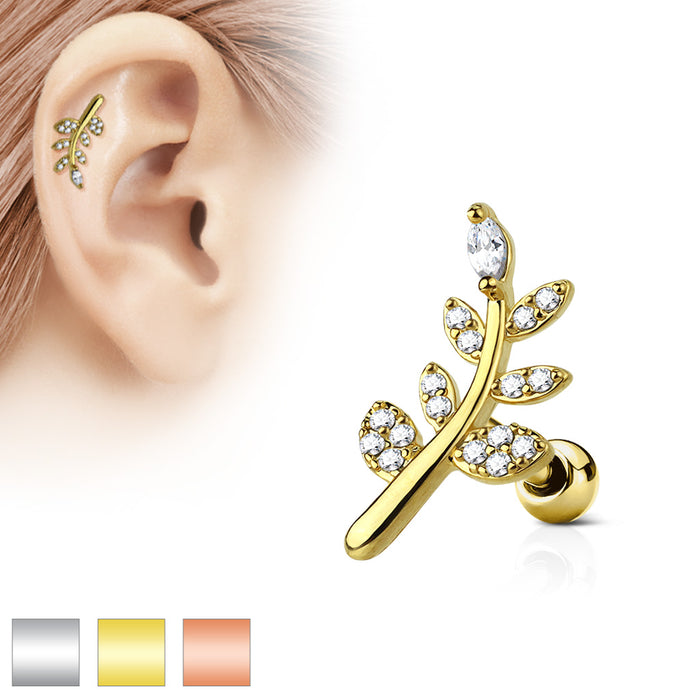 CZ Micro Paved Leaf Top 316L Surgical Steel Cartilage And Tragus Barbell Studs