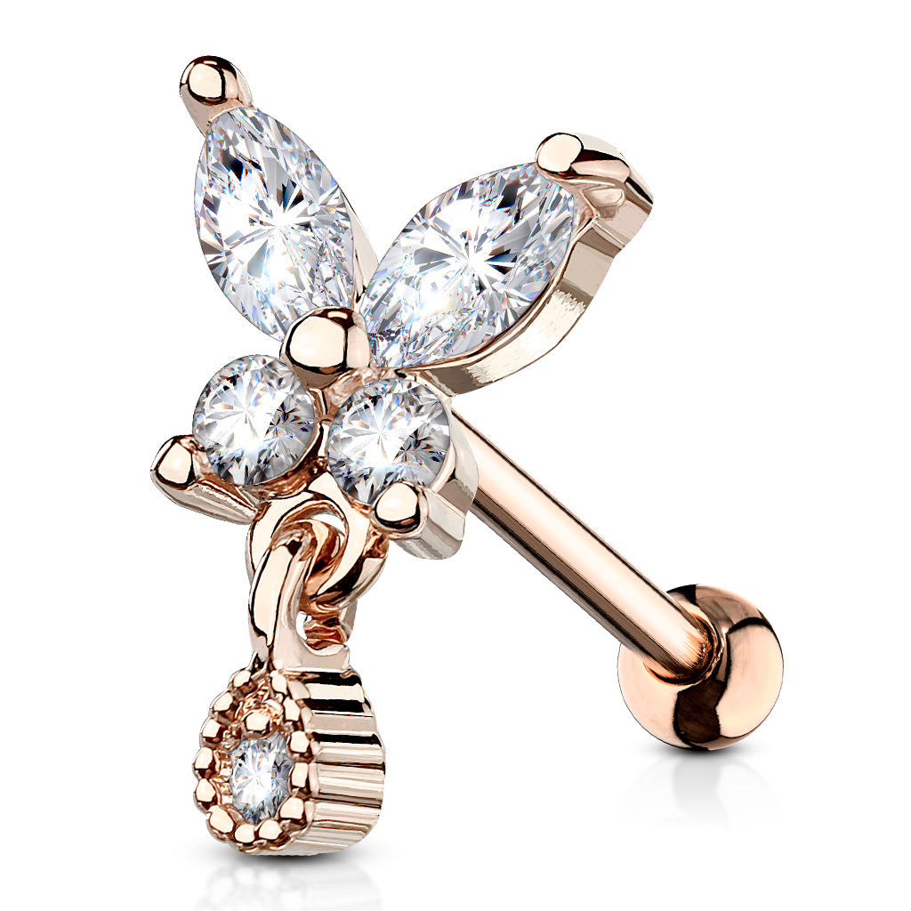 CZ Butterfly With Tear Drop Dangle 316L Surgical Steel Cartilage Tragus Barbell Studs - Rose Gold/Clear