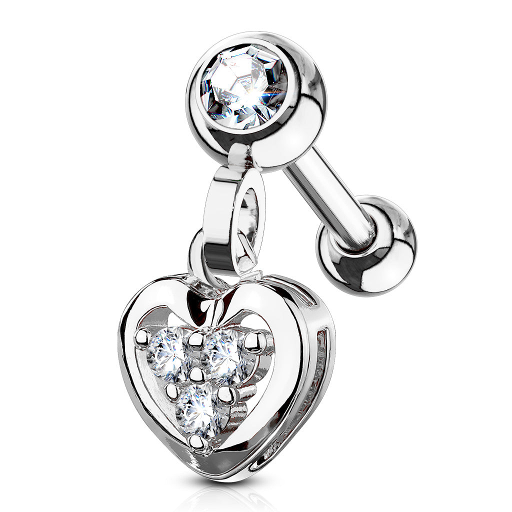 Clear Gem Set Ball with CZ Filled Heart Dangle 316L Surgical Steel Cartilage, Tragus Barbell Studs - Clear