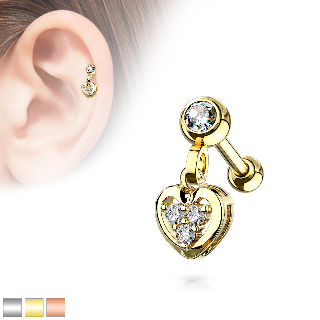 Clear Gem Set Ball with CZ Filled Heart Dangle 316L Surgical Steel Cartilage, Tragus Barbell Studs - all colors