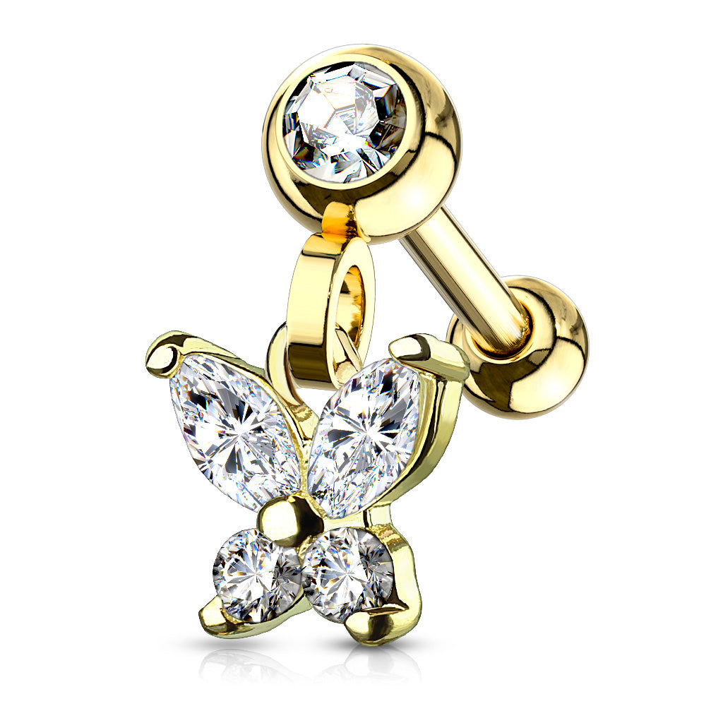 CZ Butterfly Dangle Jeweled Set Ball 316L Surgical Steel Ear Cartilage Tragus Barbell Studs - Gold/Clear