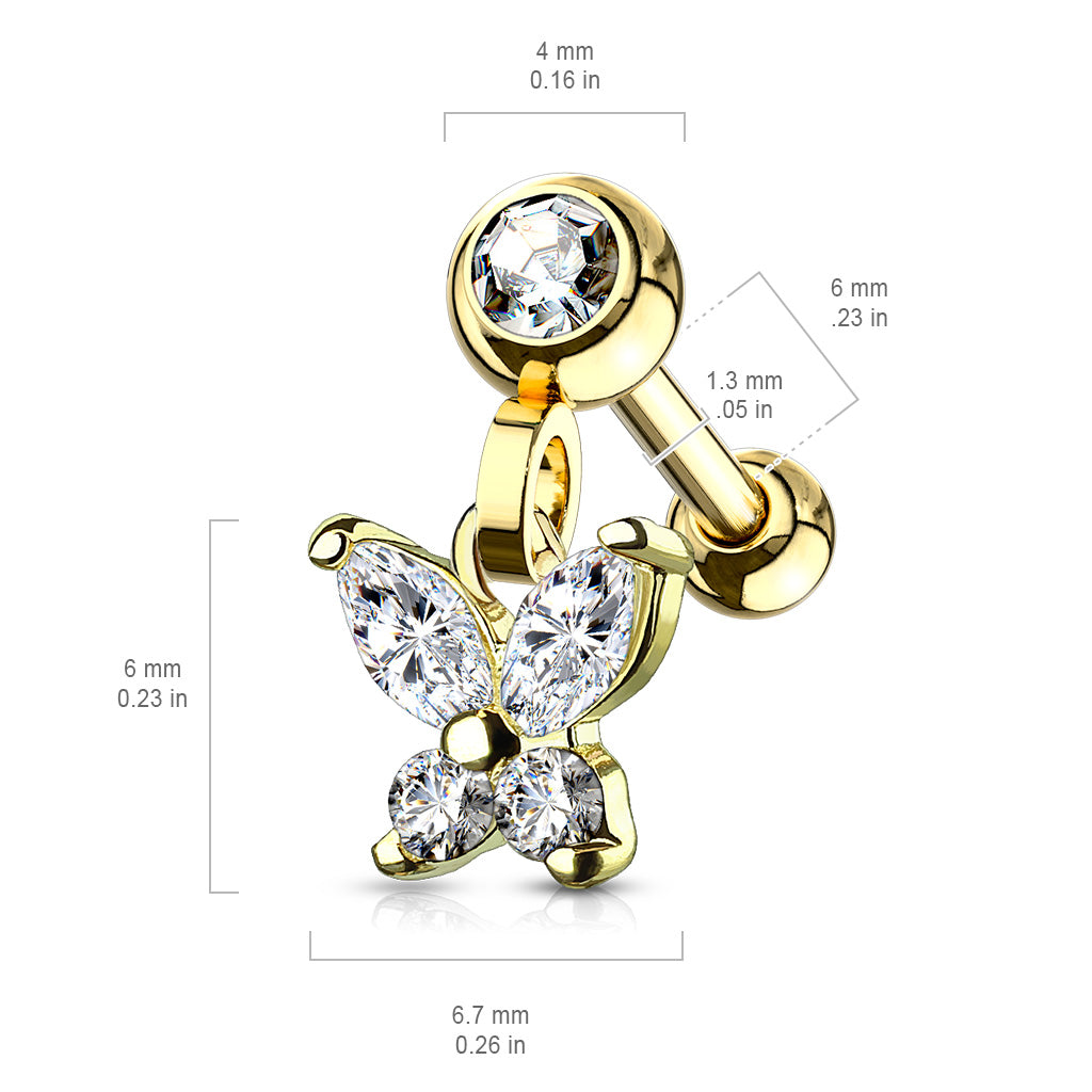 CZ Butterfly Dangle Jeweled Set Ball 316L Surgical Steel Ear Cartilage Tragus Barbell Studs size chart
