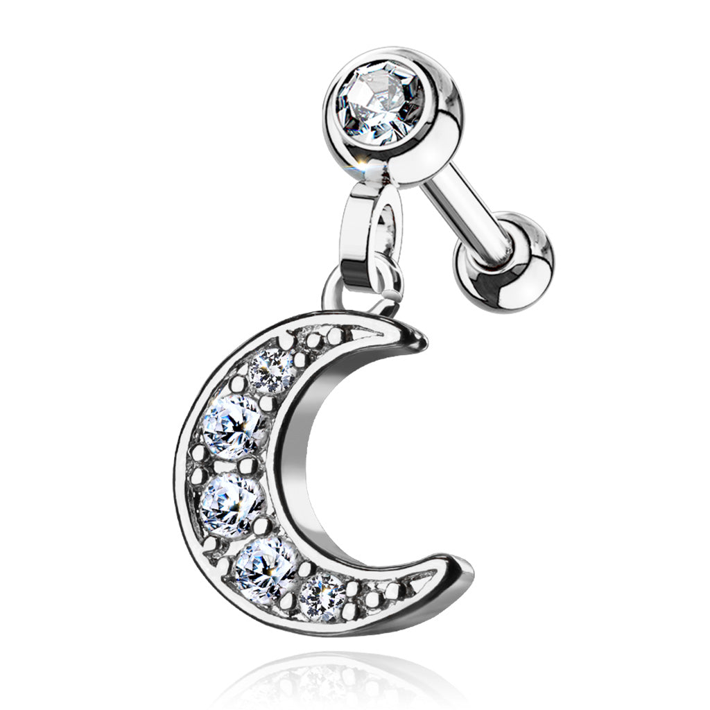 CZ Paved Crescent Dangle Jeweled Set Ball 316L Surgical Steel Ear Cartilage/Tragus Barbell Studs - Clear