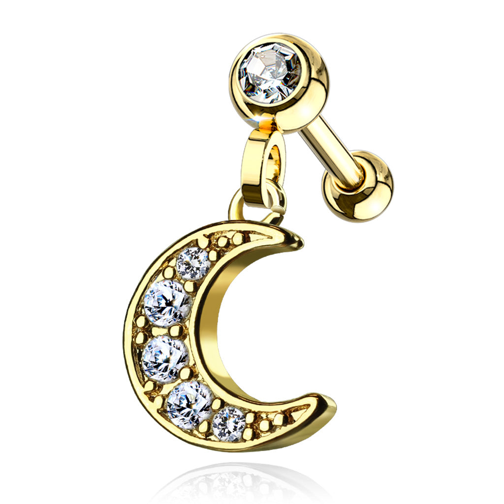 CZ Paved Crescent Dangle Jeweled Set Ball 316L Surgical Steel Ear Cartilage/Tragus Barbell Studs - Gold/Clear