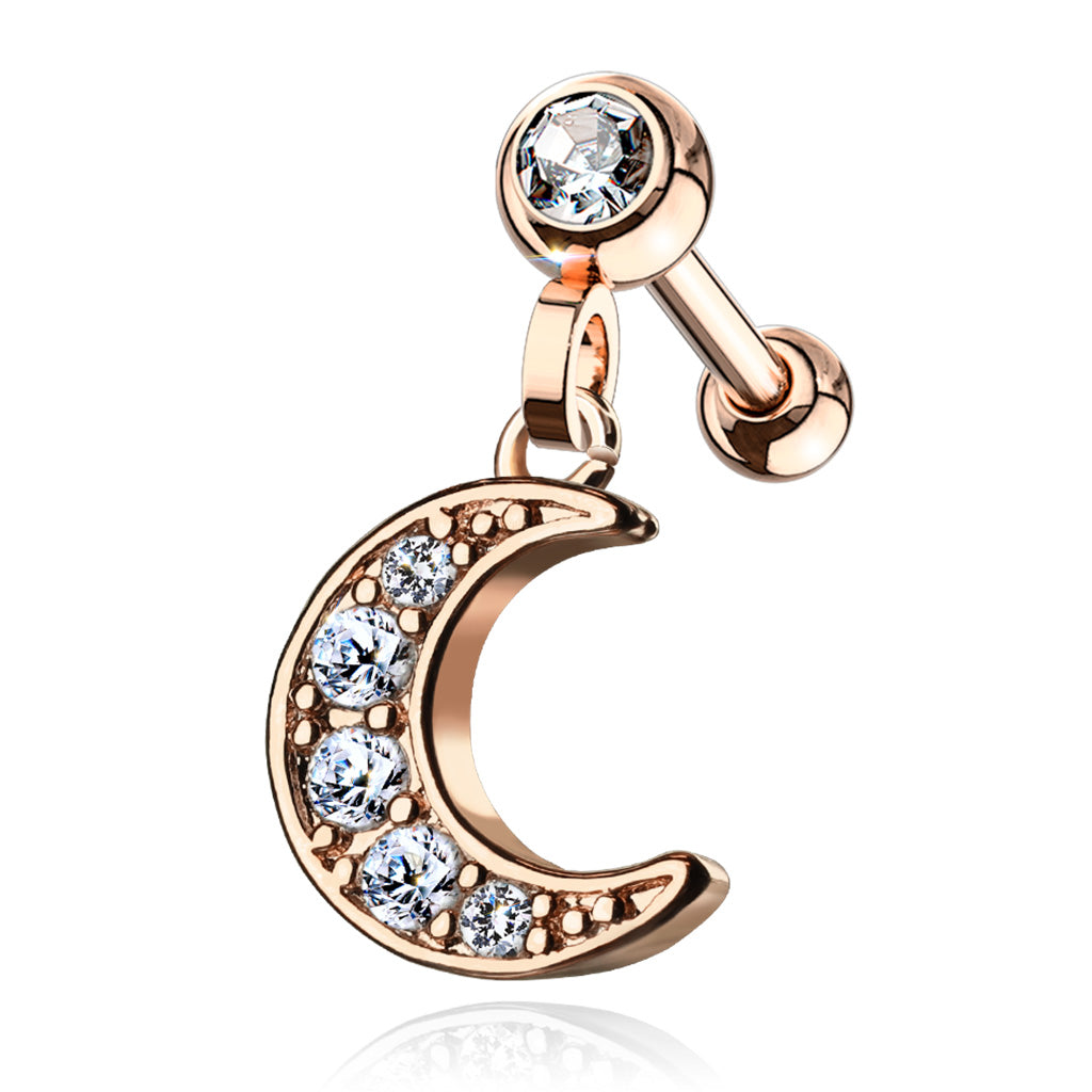 CZ Paved Crescent Dangle Jeweled Set Ball 316L Surgical Steel Ear Cartilage/Tragus Barbell Studs - Rose Gold/Clear