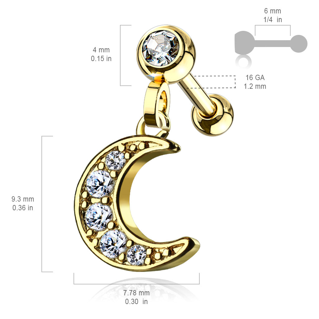 CZ Paved Crescent Dangle Jeweled Set Ball 316L Surgical Steel Ear Cartilage/Tragus Barbell Studs size chart