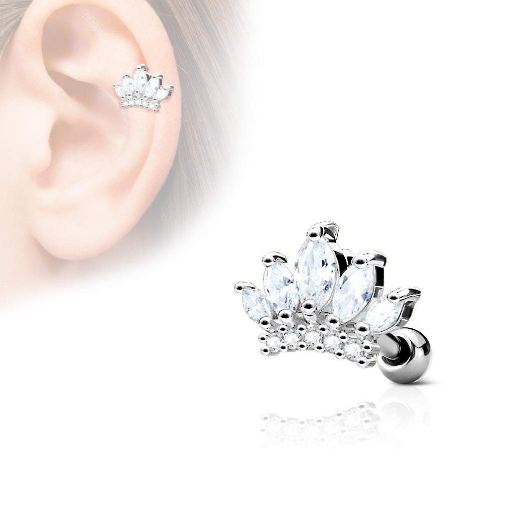 CZ Paved Tiara Top 316L Surgical Steel Ear Cartilage Barbell Studs - Clear