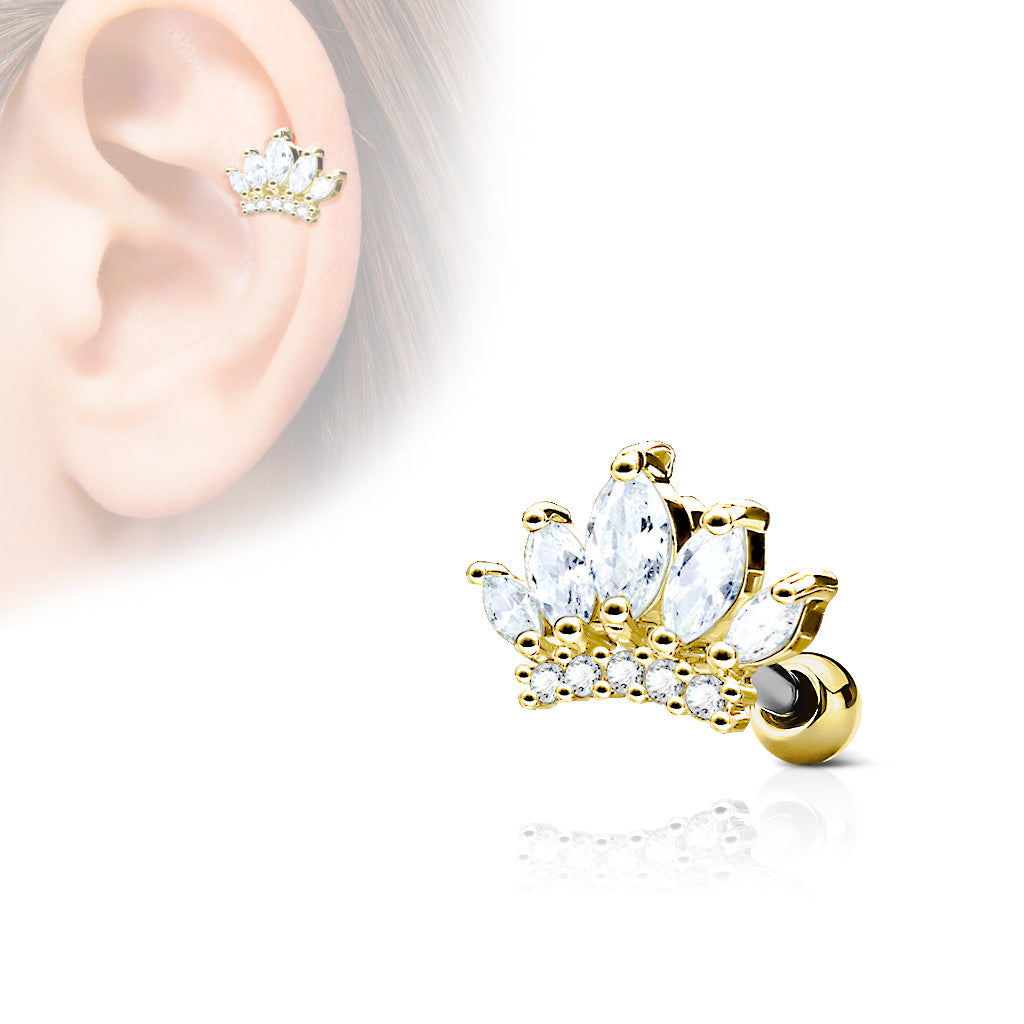 CZ Paved Tiara Top 316L Surgical Steel Ear Cartilage Barbell Studs - Gold/Clear