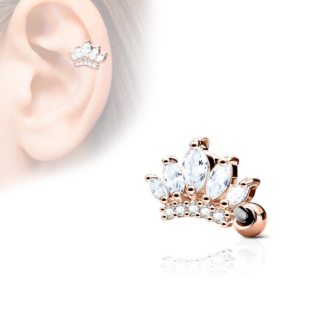 CZ Paved Tiara Top 316L Surgical Steel Ear Cartilage Barbell Studs - Rose Gold/Clear