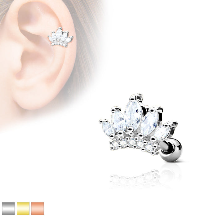 CZ Paved Tiara Top 316L Surgical Steel Ear Cartilage Barbell Studs