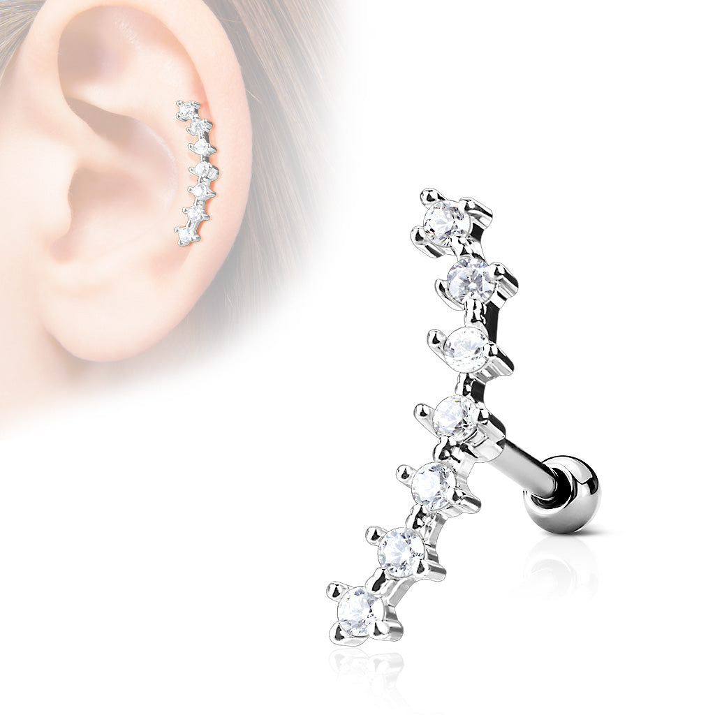 Lined CZ Curve Top 316L Surgical Steel Ear Cartilage Barbell Studs - Clear