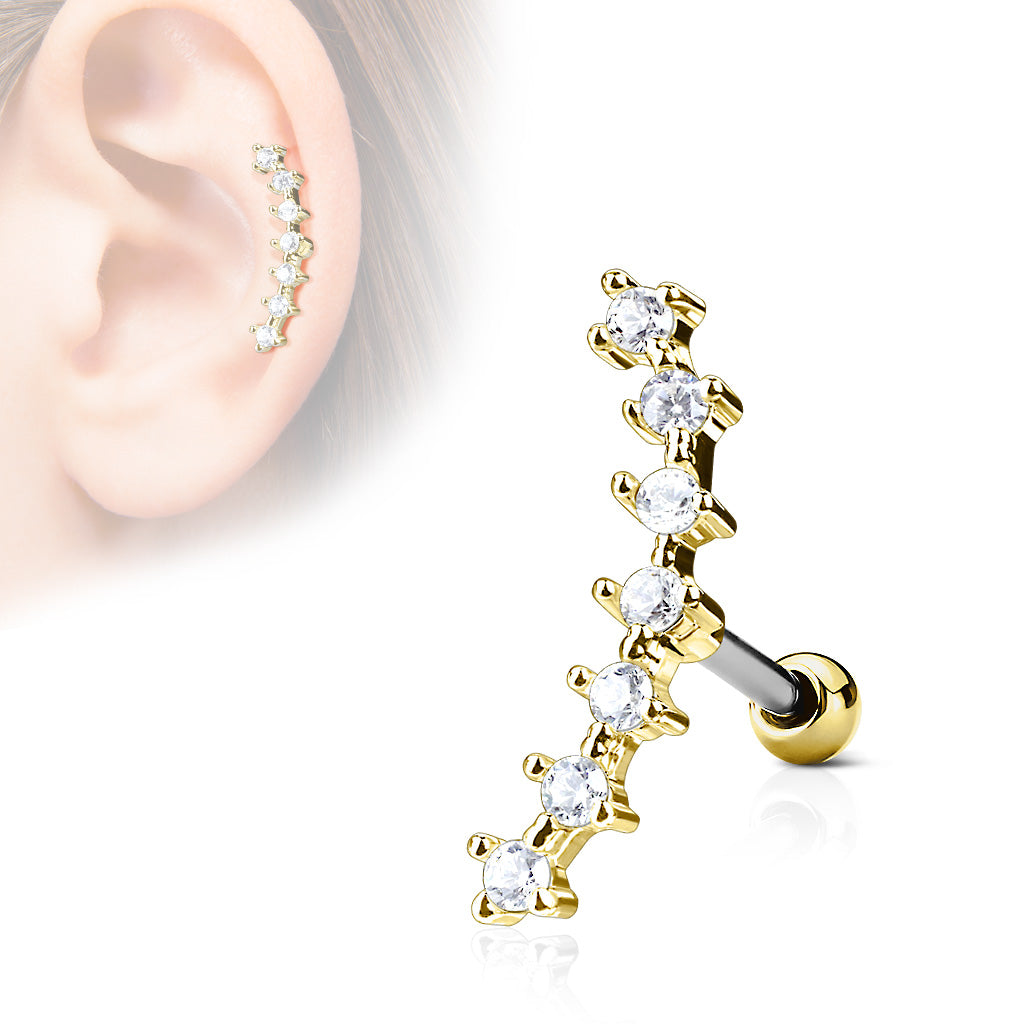 Lined CZ Curve Top 316L Surgical Steel Ear Cartilage Barbell Studs - Gold/Clear