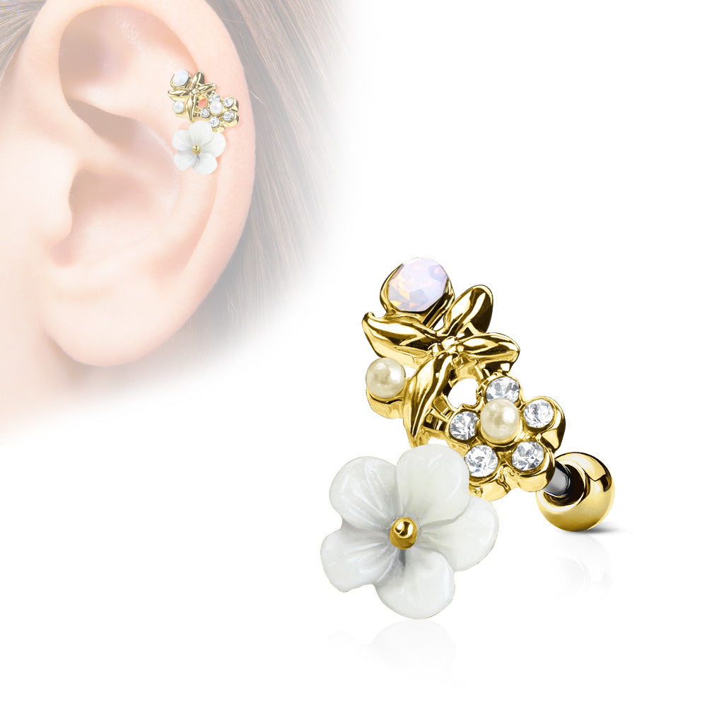 CZ and Clay Flowers Curve Top 316L Surgical Steel Ear Cartilage Barbell Studs - Gold