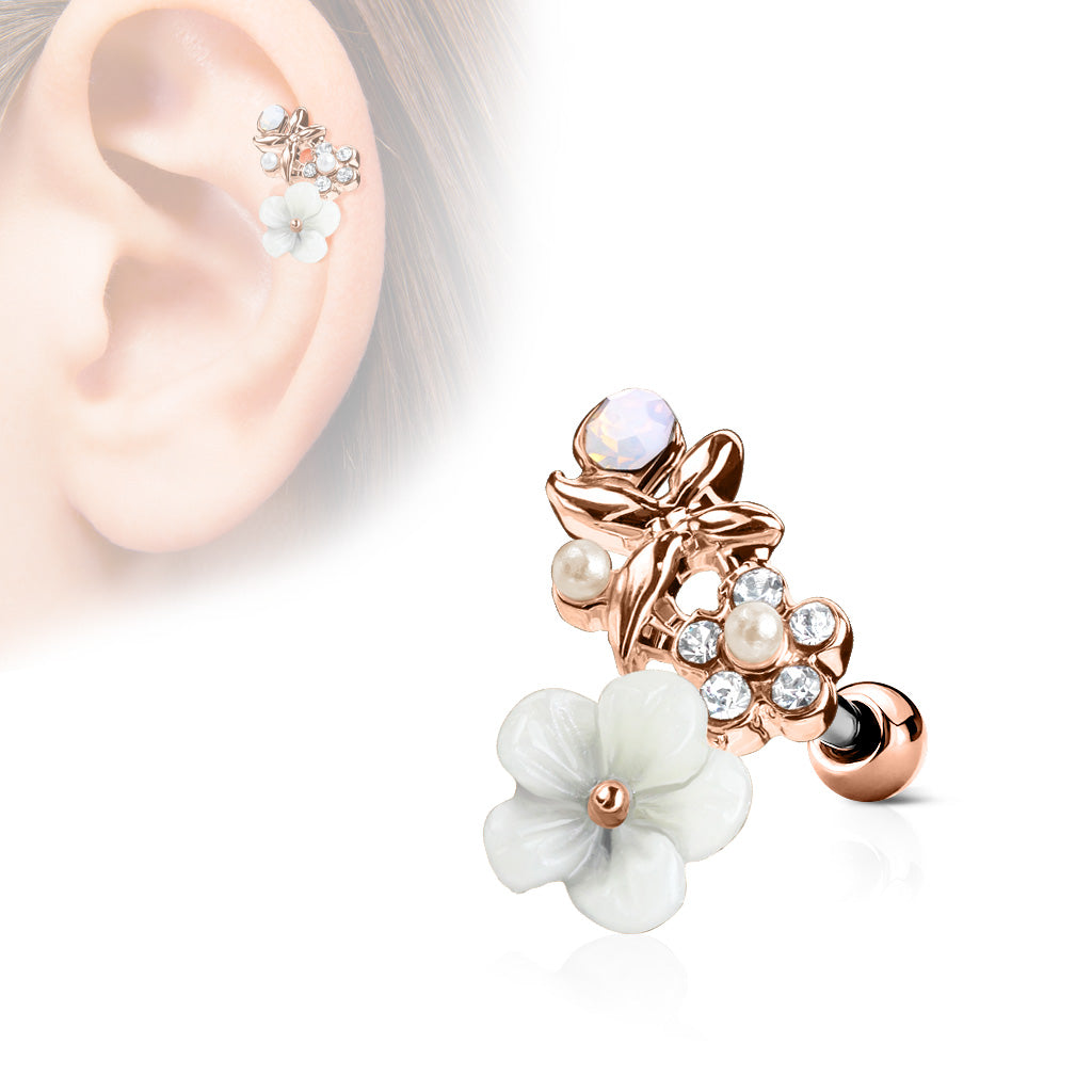 CZ and Clay Flowers Curve Top 316L Surgical Steel Ear Cartilage Barbell Studs - Rose Gold