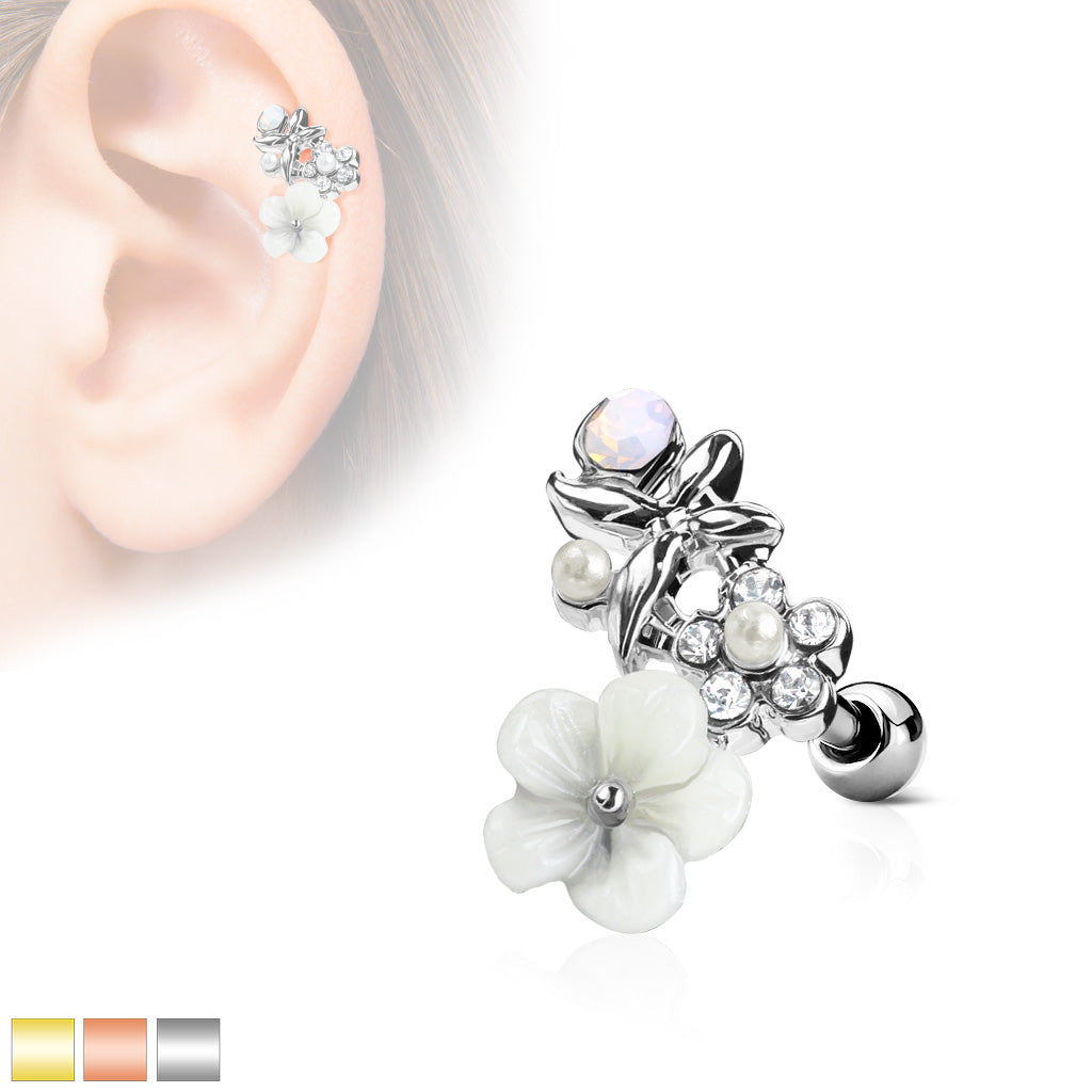 CZ and Clay Flowers Curve Top 316L Surgical Steel Ear Cartilage Barbell Studs - all colors