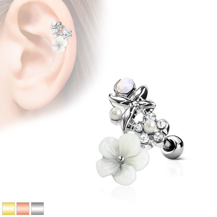 CZ And Clay Flowers Curve Top 316L Surgical Steel Ear Cartilage Barbell Studs