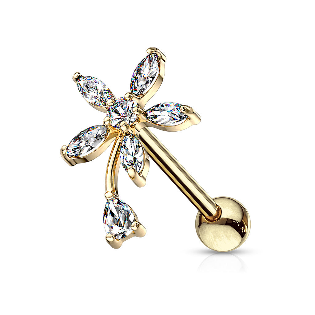 Round And Marquise CZ Flower With Pear CZ Stem Top 316L Surgical Steel Cartilage Tragus Barbell Studs - Gold/Clear