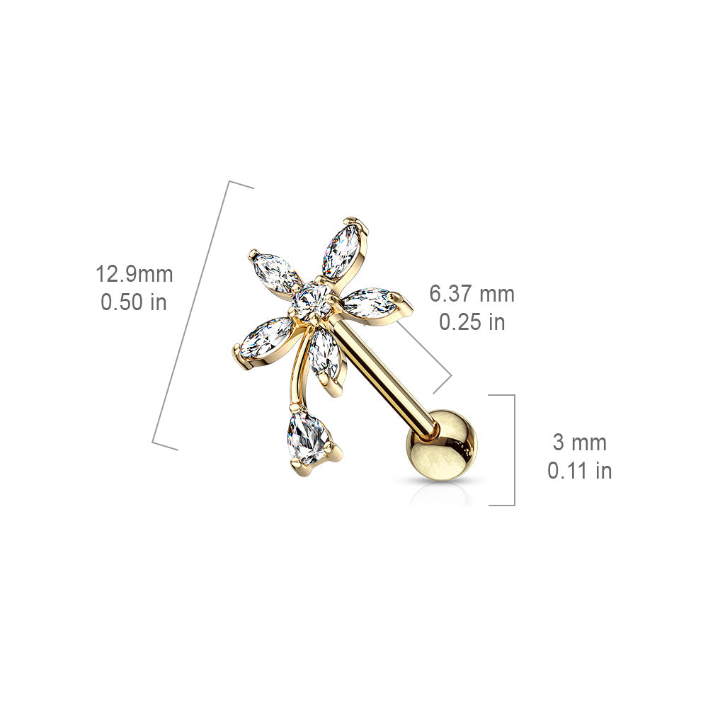 Round And Marquise CZ Flower With Pear CZ Stem Top 316L Surgical Steel Cartilage Tragus Barbell Studs size chart