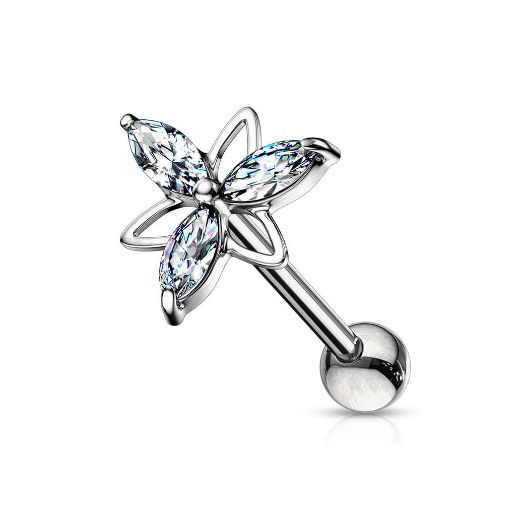3 Marquise CZ Double Triangle Flower Top 316L Surgical Steel Cartilage, Tragus Barbell Studs - Clear