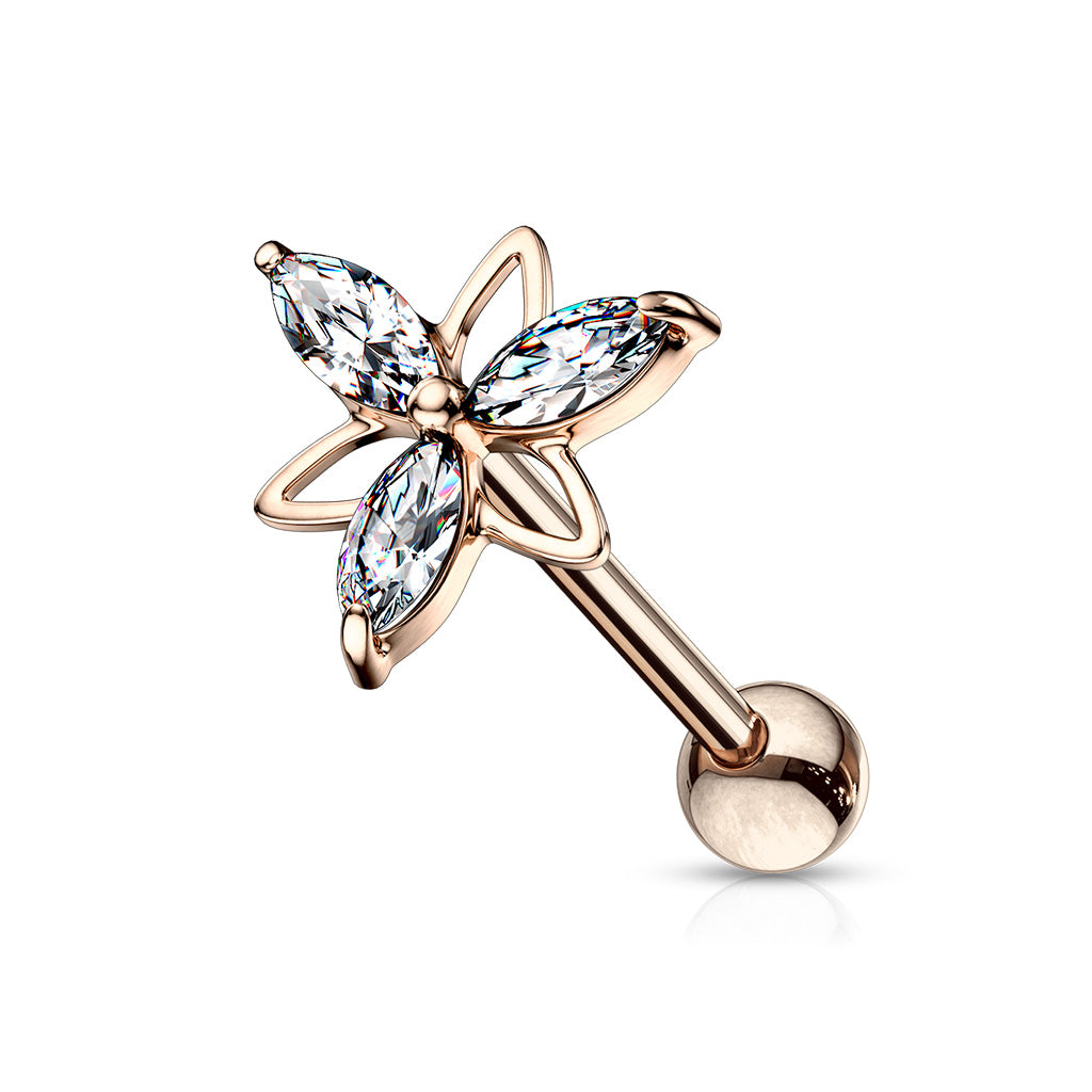3 Marquise CZ Double Triangle Flower Top 316L Surgical Steel Cartilage, Tragus Barbell Studs - Rose Gold/Clear