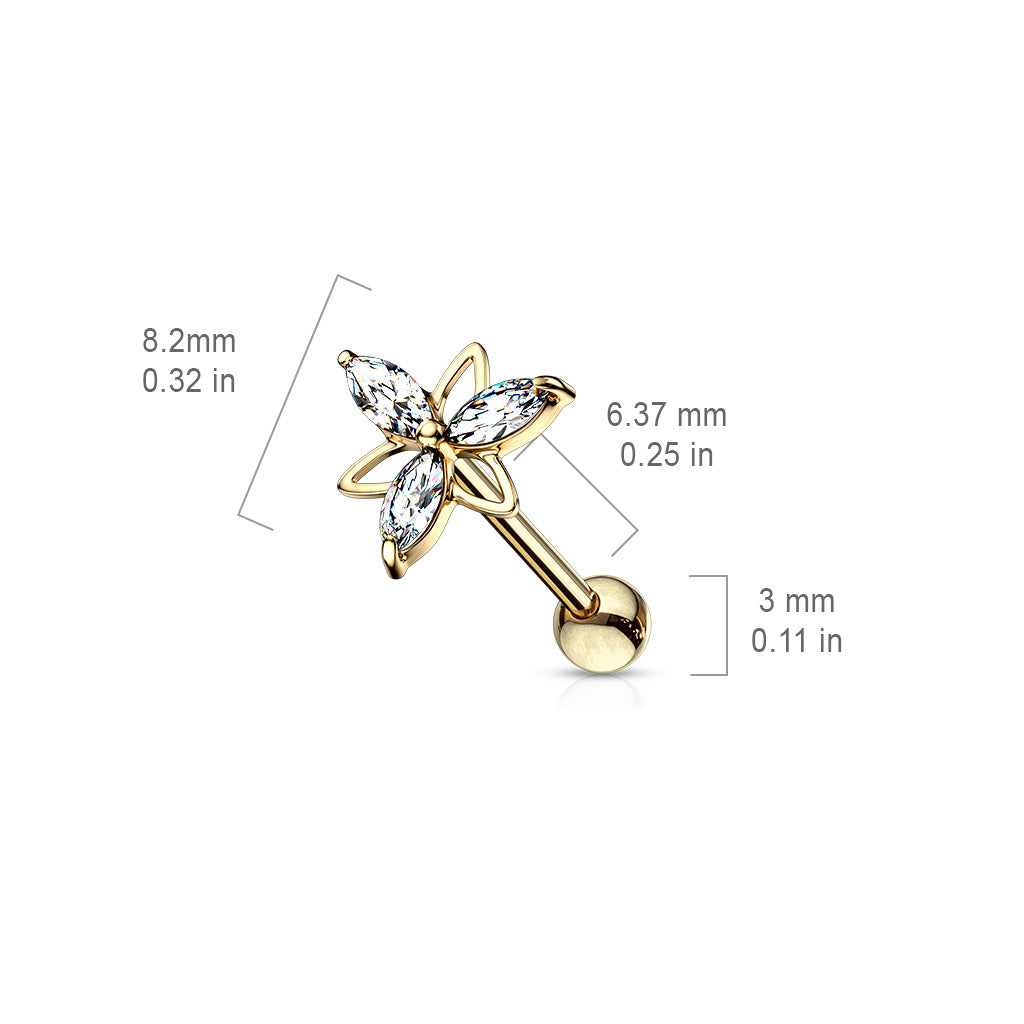 3 Marquise CZ Double Triangle Flower Top 316L Surgical Steel Cartilage, Tragus Barbell Studs size chart