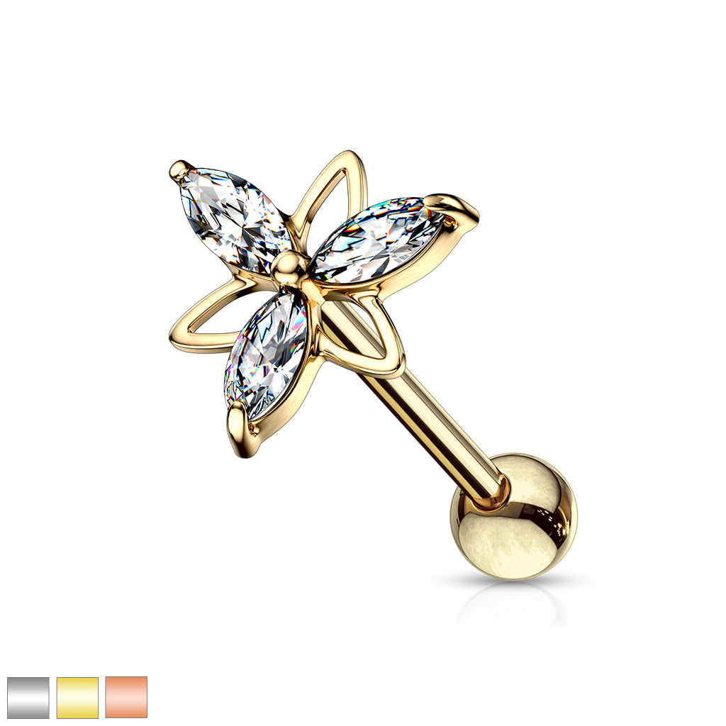 3 Marquise CZ Double Triangle Flower Top 316L Surgical Steel Cartilage, Tragus Barbell Studs - all colors