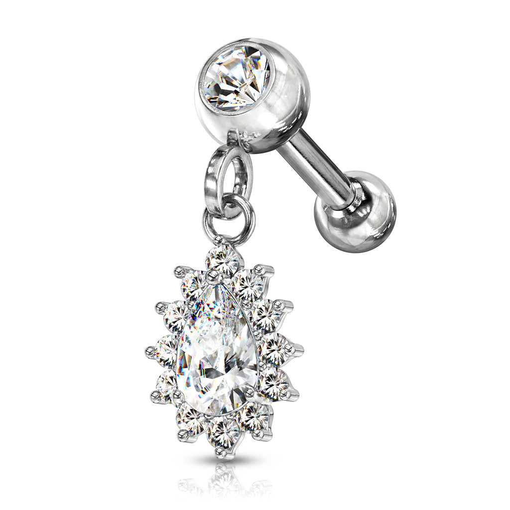 Pear CZ with Round CZ Surrounding Dangle Jeweled Set Ball 316L Surgical Steel Cartilage, Tragus Barbell Studs - Clear