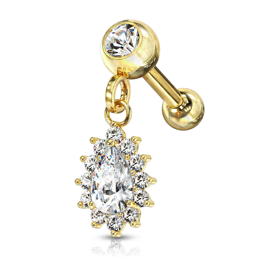 Pear CZ with Round CZ Surrounding Dangle Jeweled Set Ball 316L Surgical Steel Cartilage, Tragus Barbell Studs - Gold/Clear