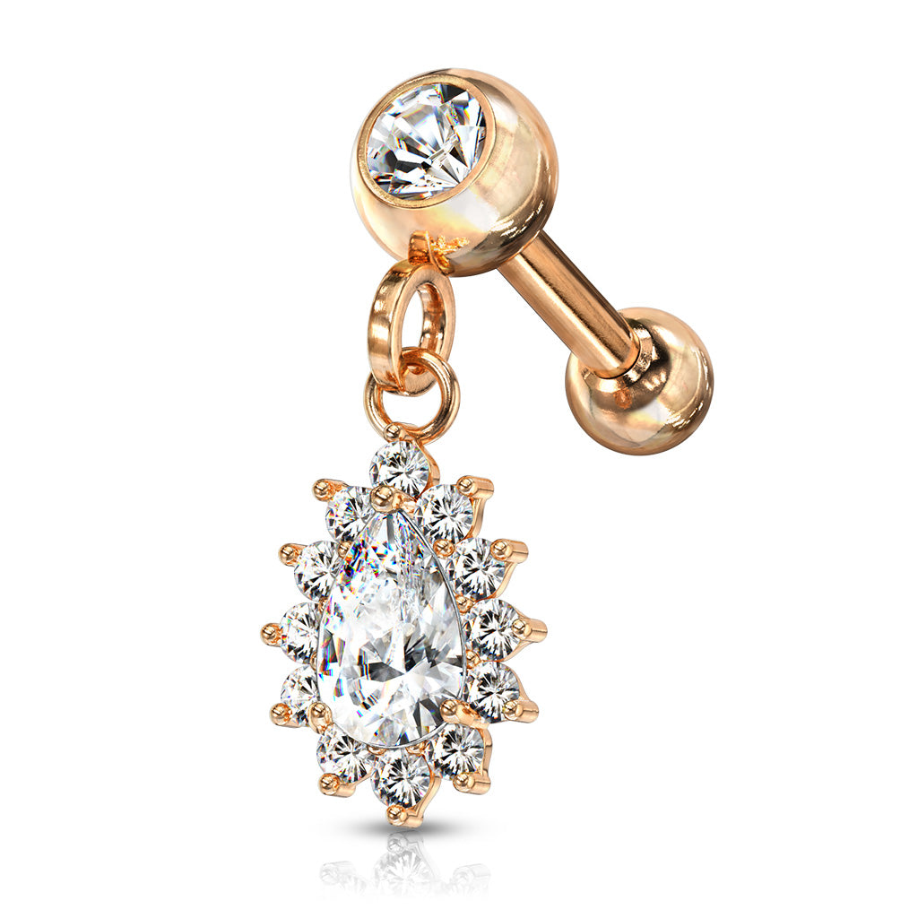Pear CZ with Round CZ Surrounding Dangle Jeweled Set Ball 316L Surgical Steel Cartilage, Tragus Barbell Studs - Rose Gold/Clear