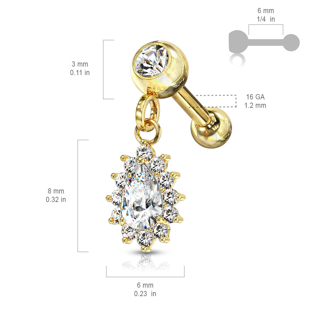 Pear CZ with Round CZ Surrounding Dangle Jeweled Set Ball 316L Surgical Steel Cartilage, Tragus Barbell Studs size chart