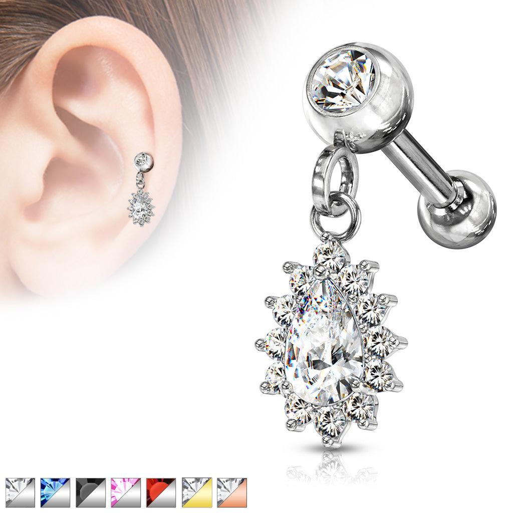 Pear CZ with Round CZ Surrounding Dangle Jeweled Set Ball 316L Surgical Steel Cartilage, Tragus Barbell Studs - all colors