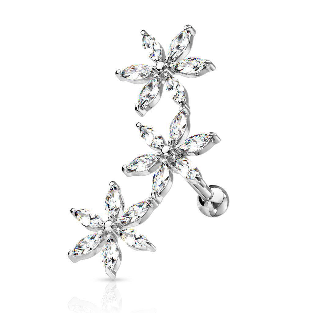 3 Marquise CZ Flowers 316L Surgical Steel Cartilage, Tragus Barbell Studs - Clear