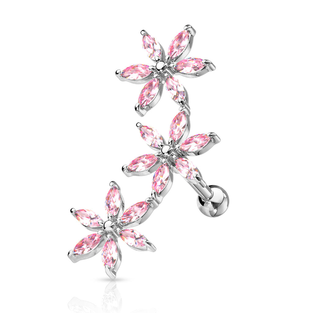 3 Marquise CZ Flowers 316L Surgical Steel Cartilage, Tragus Barbell Studs - Pink
