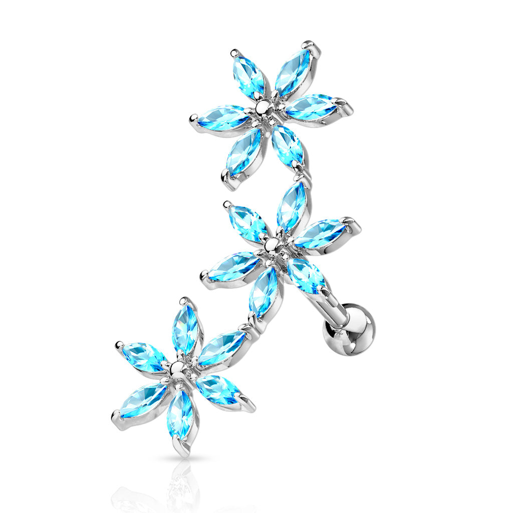 3 Marquise CZ Flowers 316L Surgical Steel Cartilage, Tragus Barbell Studs - Aqua