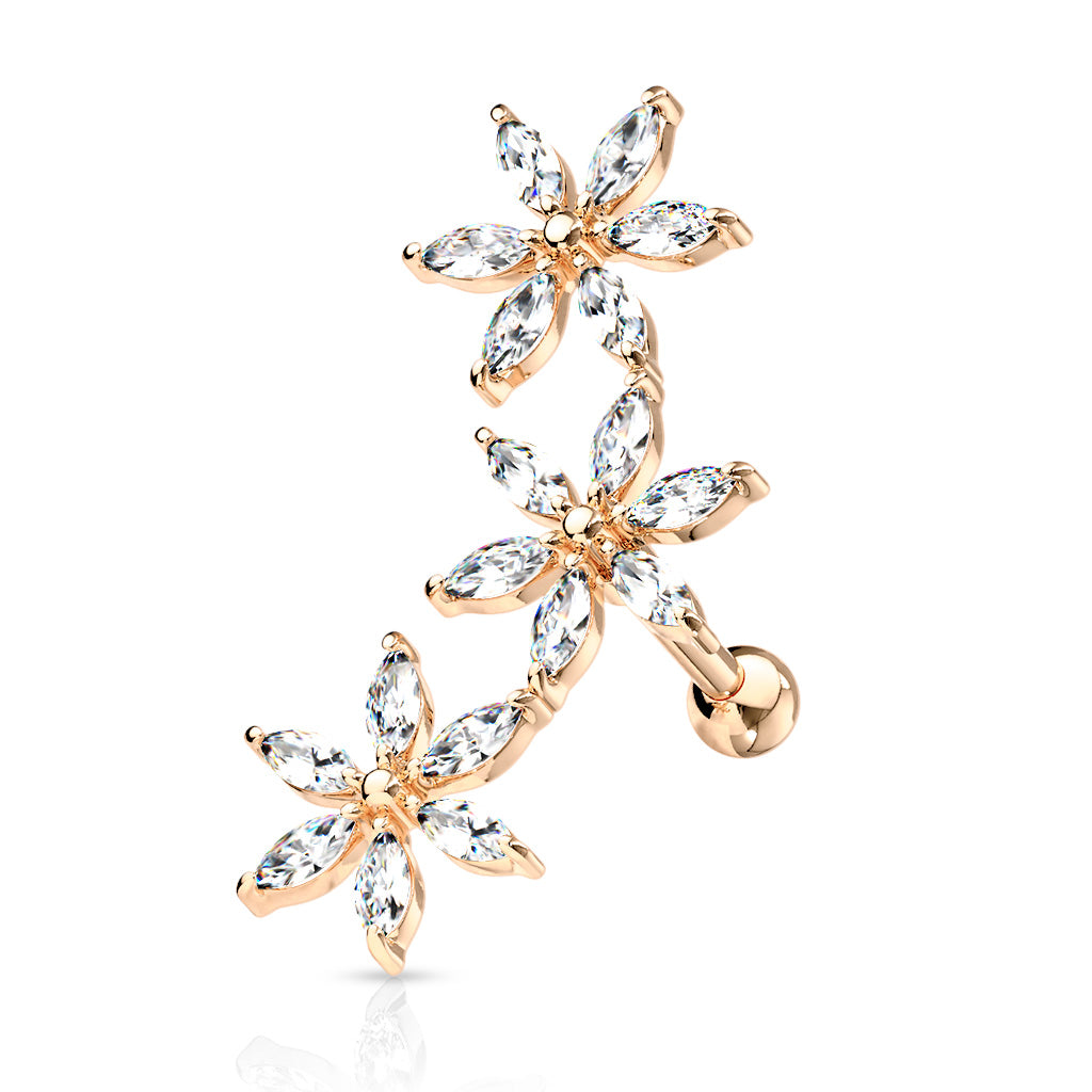 3 Marquise CZ Flowers 316L Surgical Steel Cartilage, Tragus Barbell Studs - Rose Gold/Clear