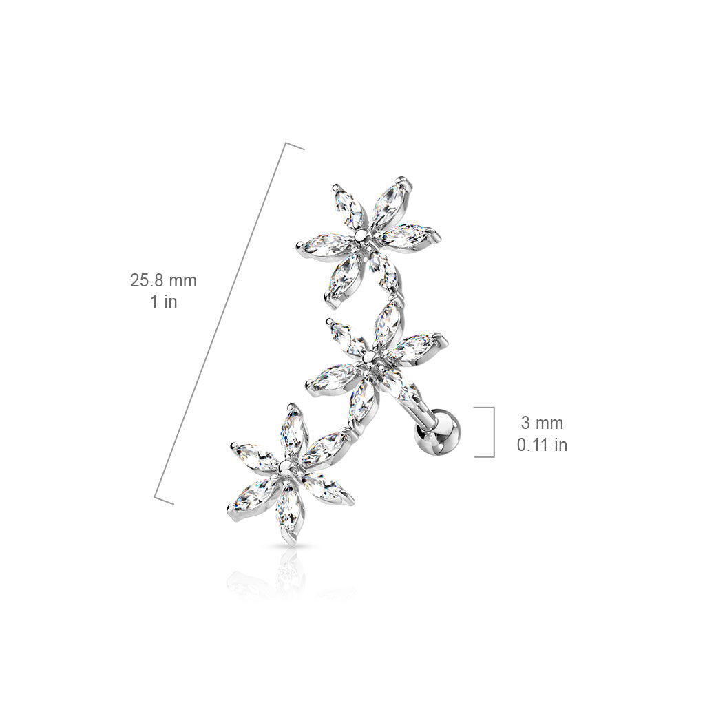 3 Marquise CZ Flowers 316L Surgical Steel Cartilage, Tragus Barbell Studs size chart